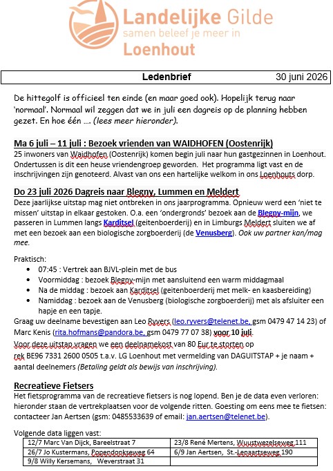 Ledenbrief 30 juni 2026